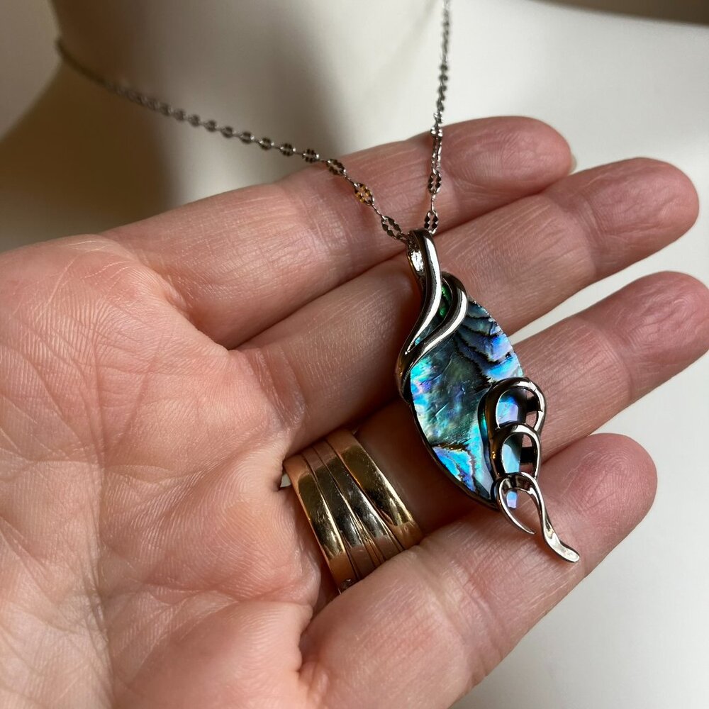 Paua Abalone Shell Pendant Necklace 20-in Waterfall Stainless Steel Chain